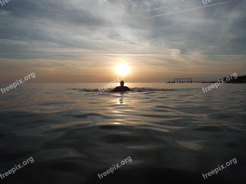 Sea Man Swim Silhouette Sun