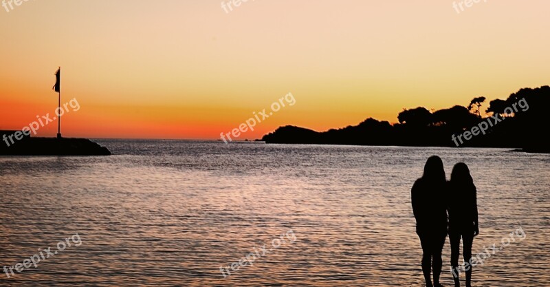 Sunset Sea Beach Sisters People