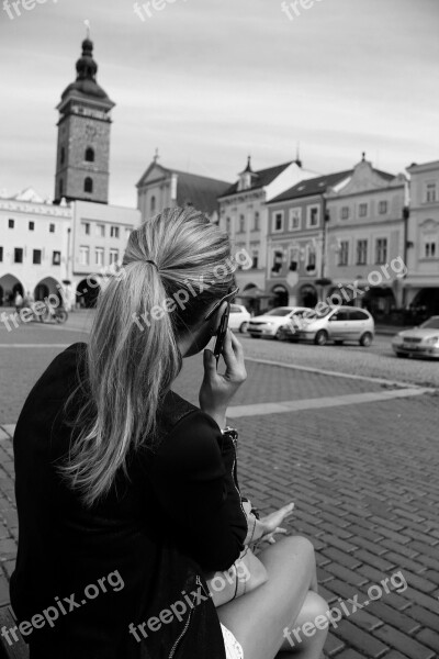 Afternoon Czech Budejovice Square Black Tower Black And White