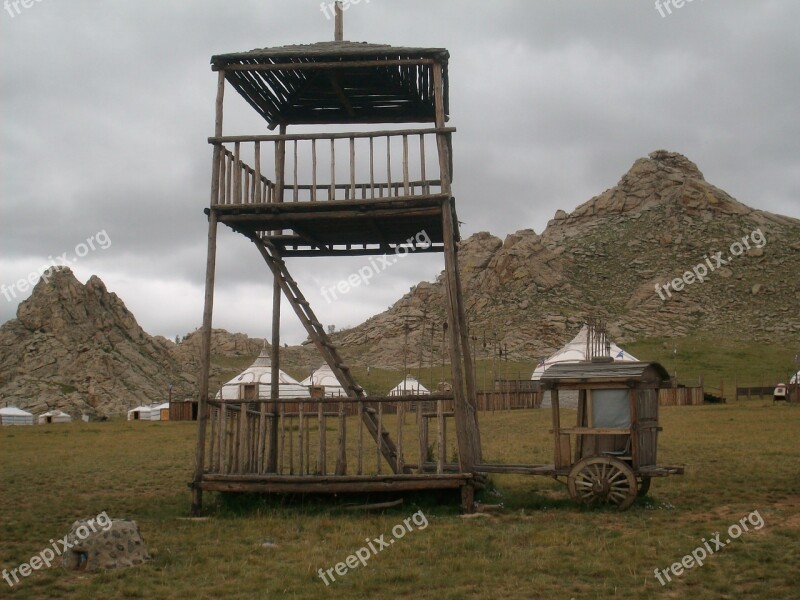 Tower Mongolia Steppe Wooden Tower Free Photos