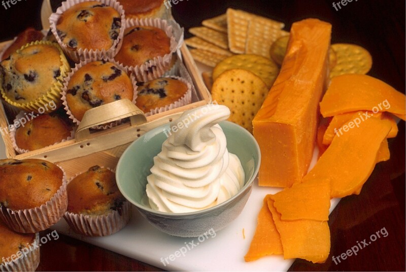 Snacks Cheese Crackers Soft Serve Ice Cream Blueberry Muffins