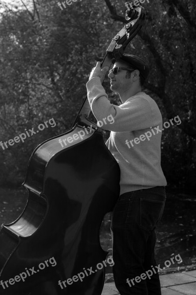 Bass Player Musical Instrument Black And White Listening Classic