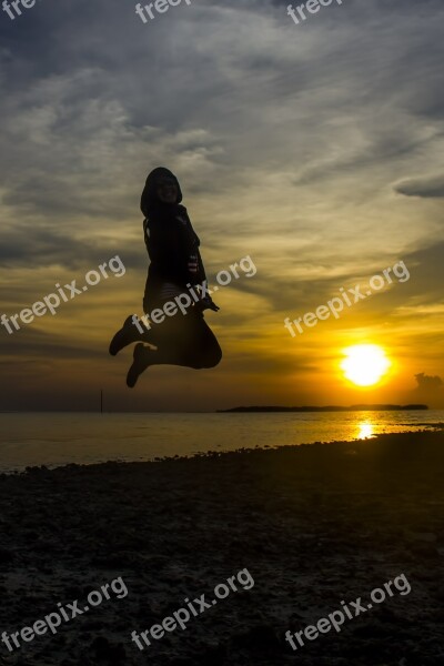 Sunset Jumping Beach Woman Action