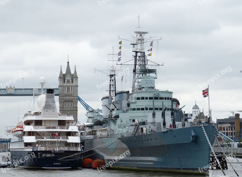 Warship Tower Bridge London River Thames England