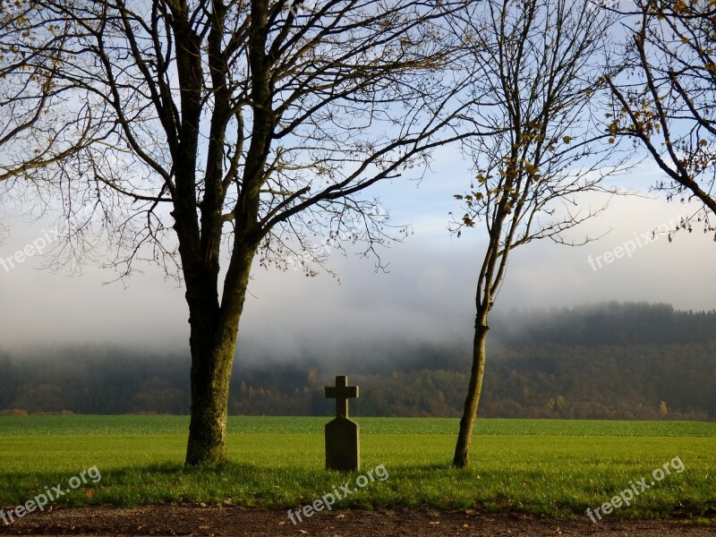 Field Cross Fog Trees Landscape Free Photos