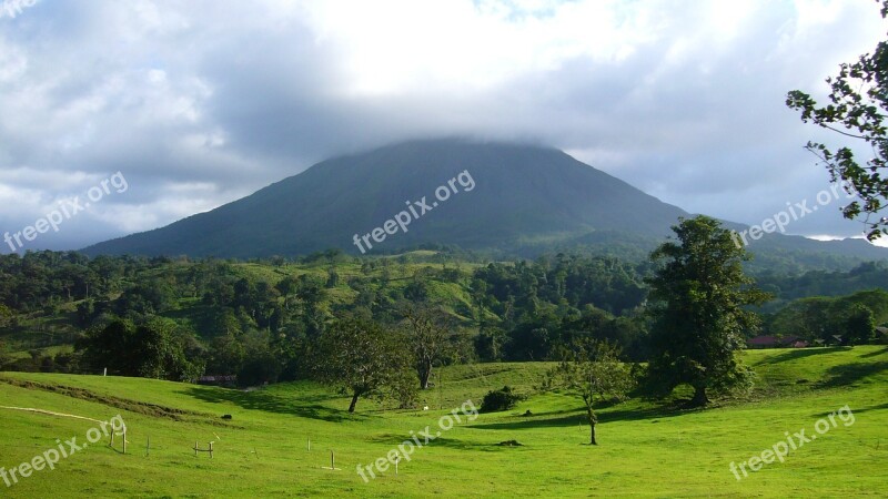 Volcano Jungle Clouds Green Trees