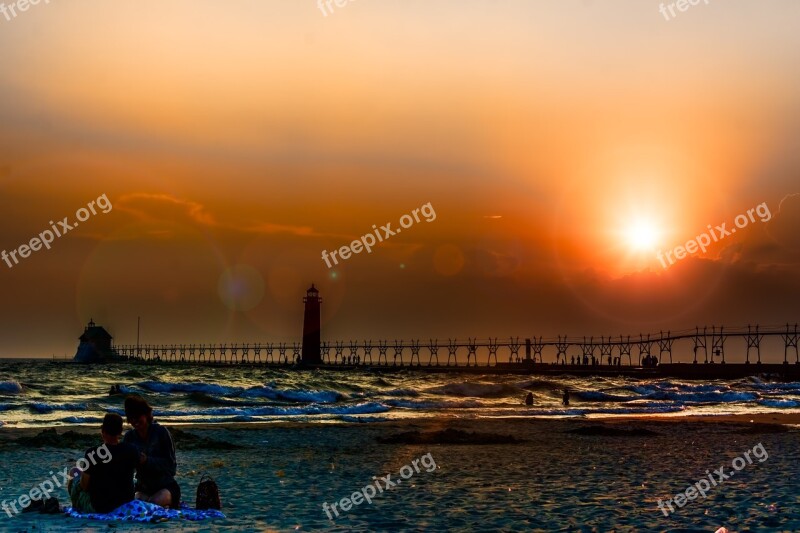 Lighthouse Sunset Lake Ocean Sea