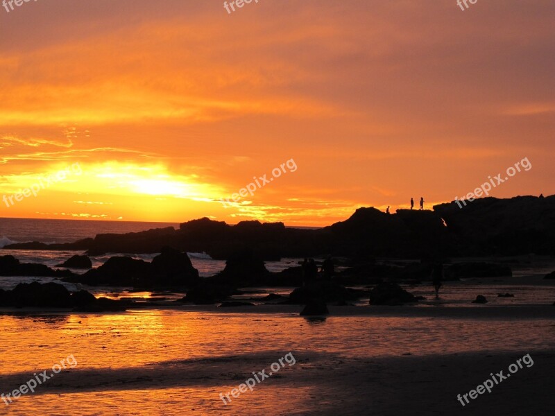 Sunset Beach Rocks Cliffs Silhouettes