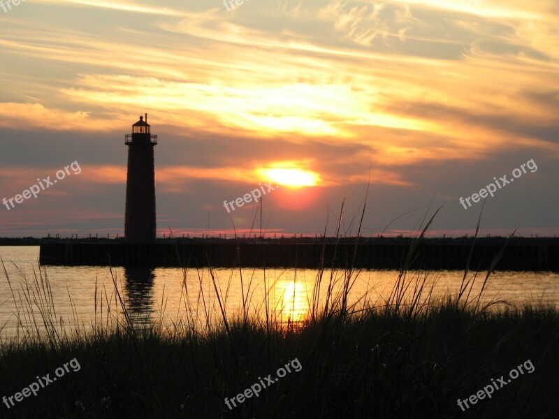 Lighthouse Sky Sunset Beach Lake Michigan