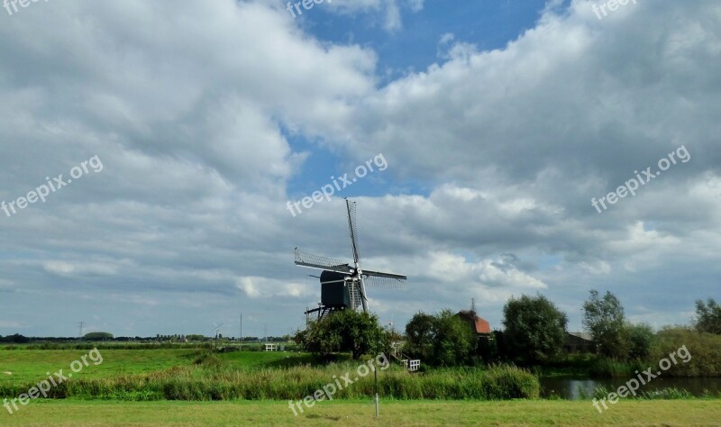 Mill Clouds Air Landscape Netherlands