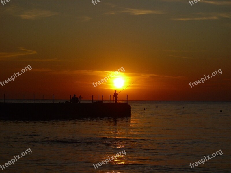 Fisherman Fishing Jetty Pier Sunset