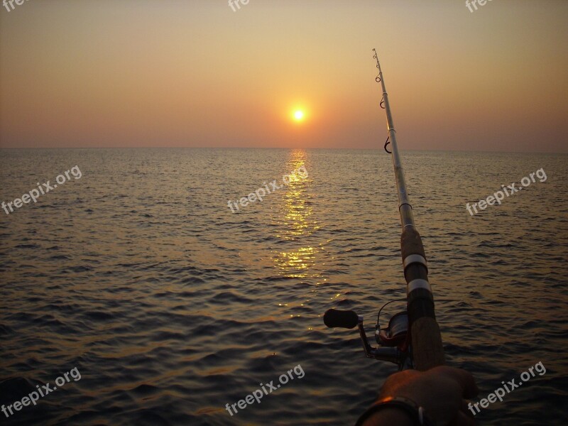 Fishing Fishing Rod Sunset Ocean Sea