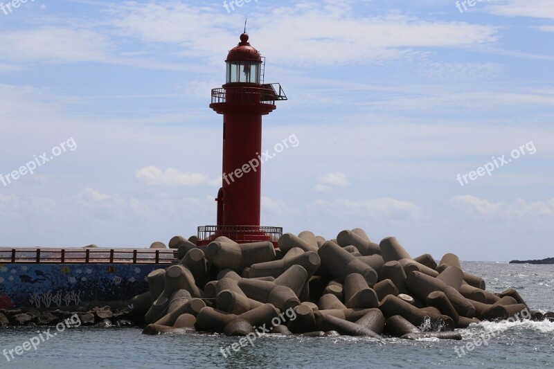 Jeju Island Red Lighthouse Blue Sky Free Photos