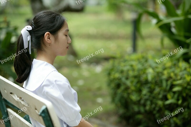 Girl Asian Sitting Bench Park