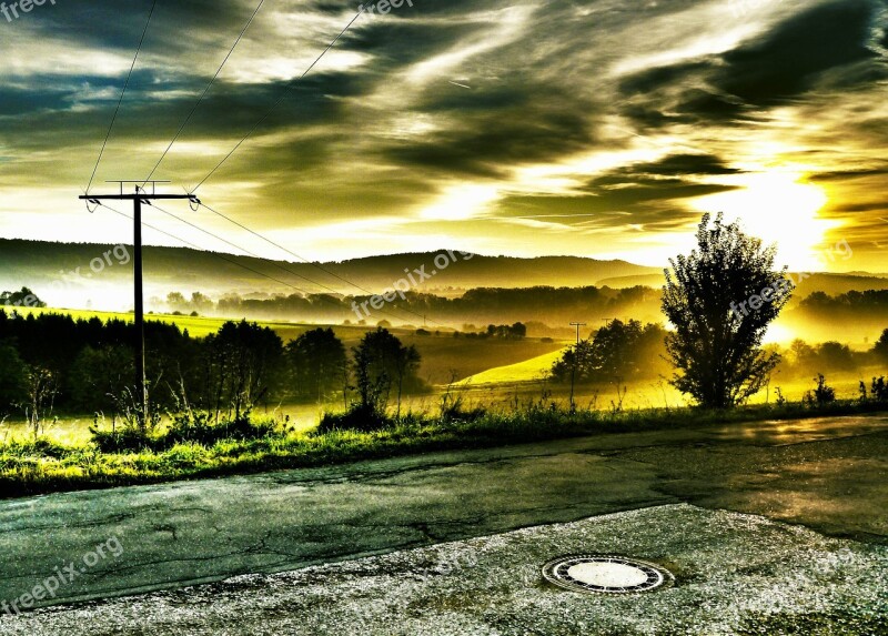 Landscape Power Line Sunrise Autumn Fog