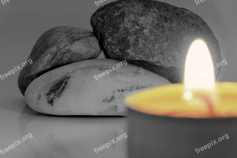 Candle Stones Black And White Flame Burning Candle