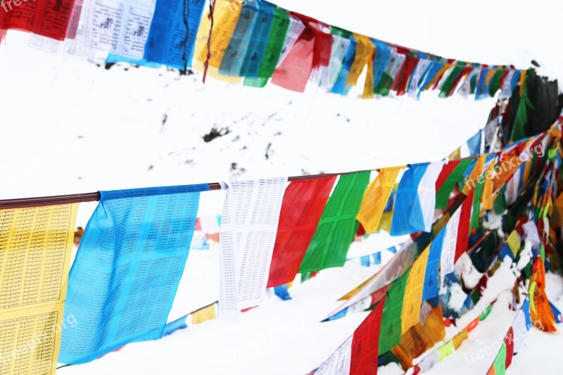 Prayer Flags Tibet In Shergyla Mountain Pass Color Snow