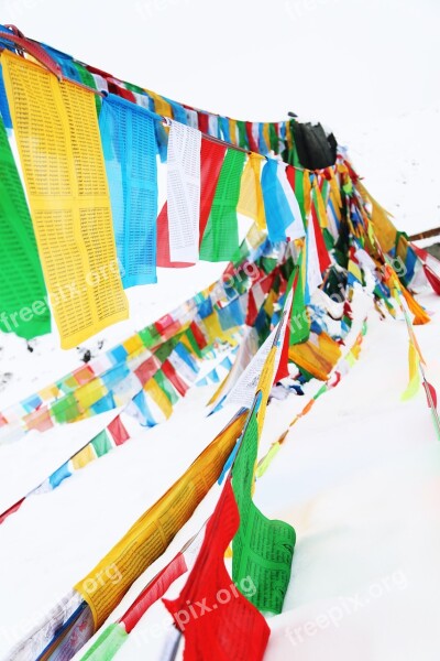 Prayer Flags Tibet In Shergyla Mountain Pass Color Snow