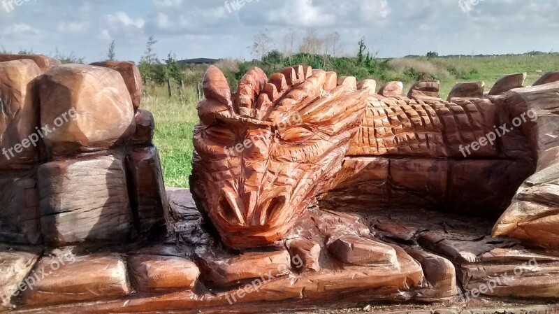 Dragon Wooden Wood Carving Red Fallen Tree