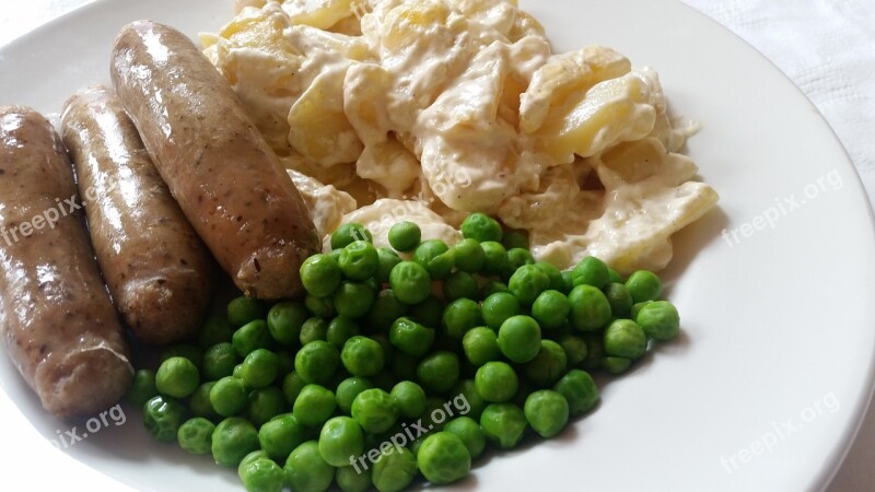 Sausage Bangers Cheesy Potatoes Peas Food