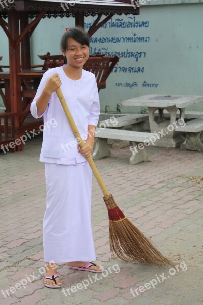 Woman Cleaning Thailand Broom Asia