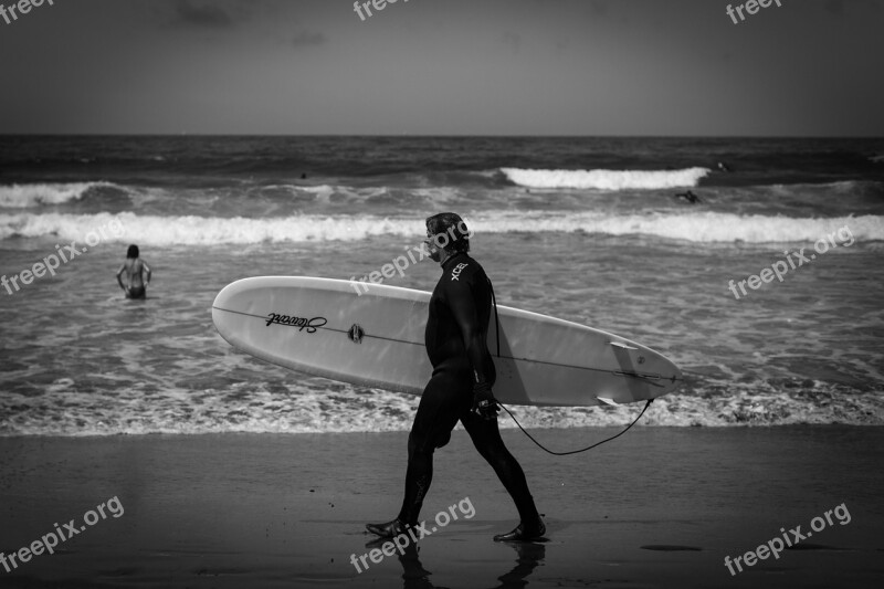 Surfer Surf Surfboard Waves Black And White