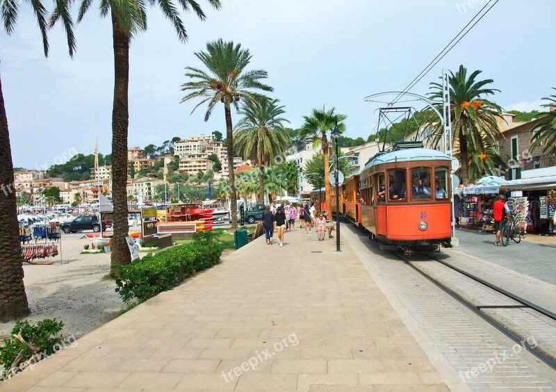 Mallorca Port De Sóller Promenade Tram Palm Trees