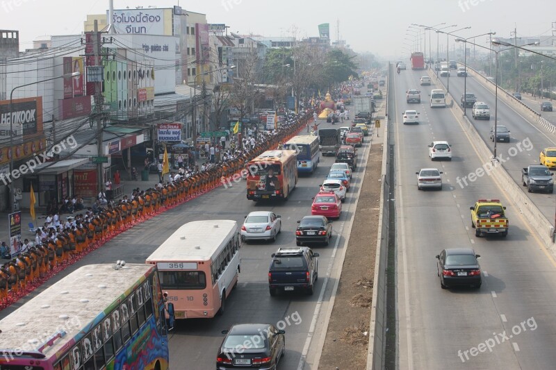 Thailand Street Traffic Monks Walking