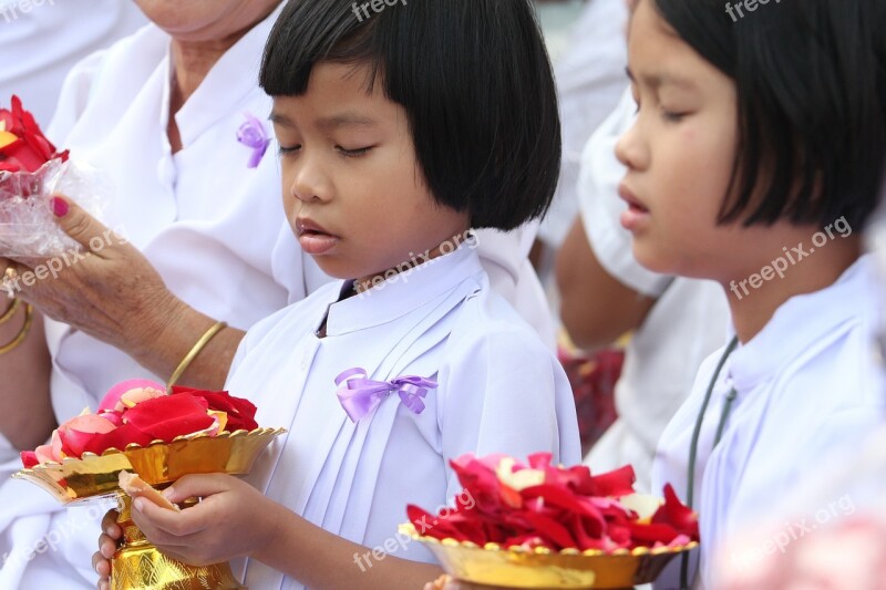 Girls Buddhists Monk Rose Petals Tradition