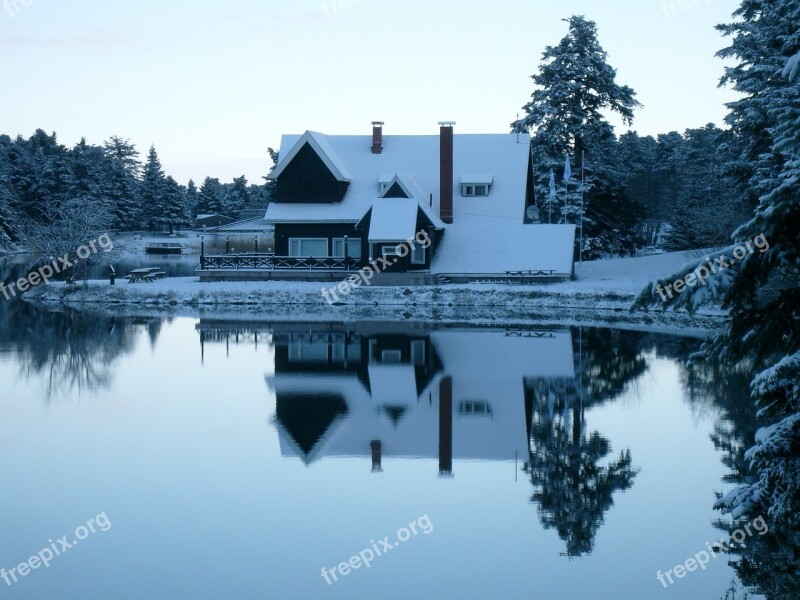 Cabin Snow Winter Lake Forest