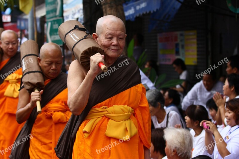 Buddhists Monks Walk Robes Orange