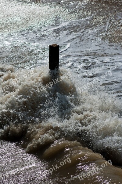 Flood Tide Spray Wave Timber Post North Sea