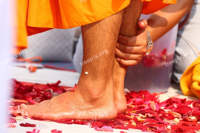 Buddhists Washing Feet Monks Walk