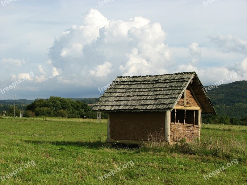 Hut Pasture Clouds Meadow Log Cabin