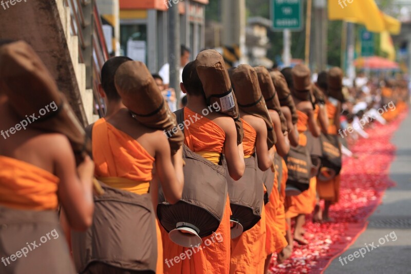 Monks Buddhists Buddhism Walk Orange