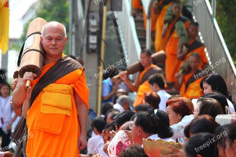 Monks Buddhists Buddhism Walk Orange