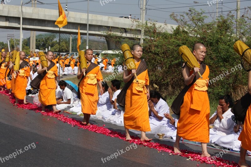 Monks Buddhists Buddhism Walk Orange