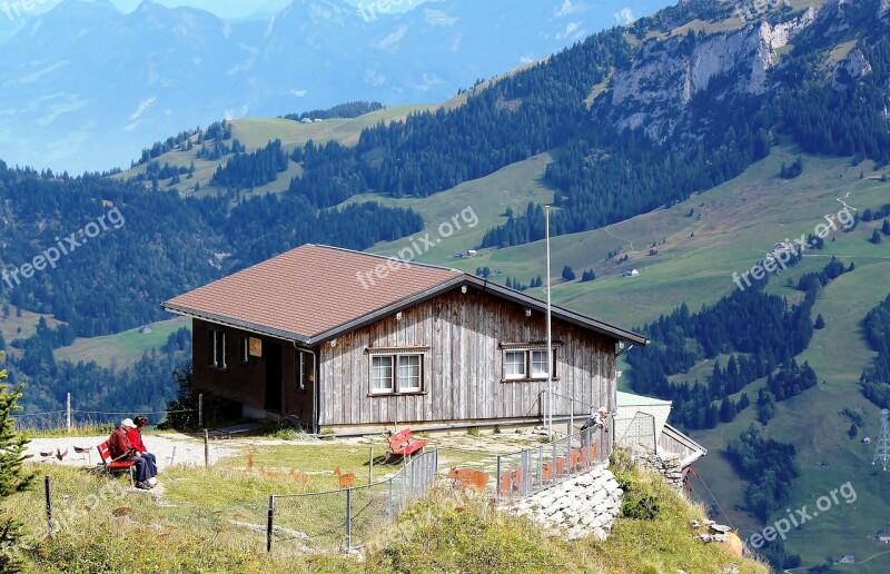 Mountains Mountain Hut View Tourists Romantic