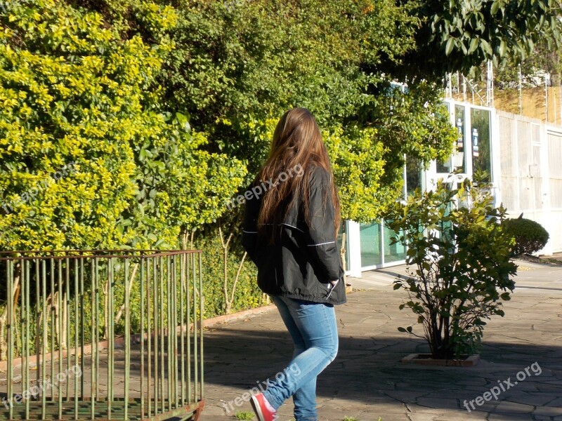 Teenager Girl Walk Environment Trees