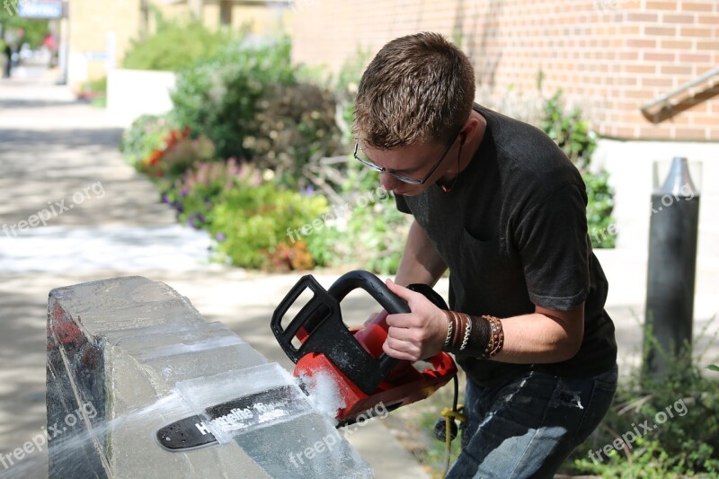 Ice Sculpture Man Outside Sawing Male