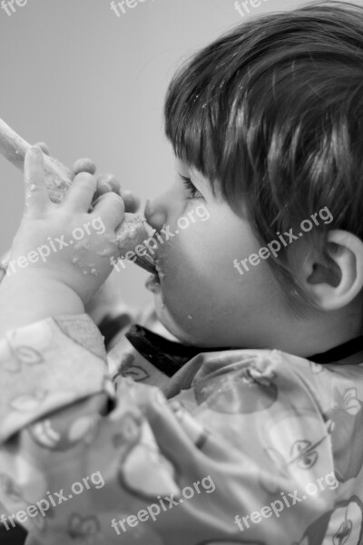 Child Boy Spoon Licking Baby