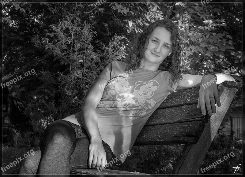 Black White Bench Female Woman Beautiful