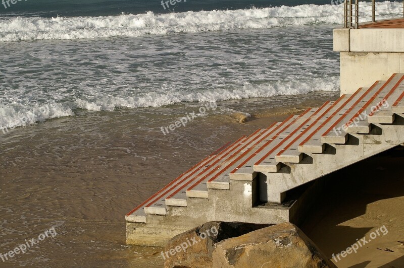 Steps Concrete Beach Sea Ocean