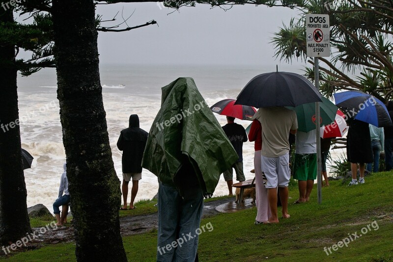 People Rain Watching Coast Sea