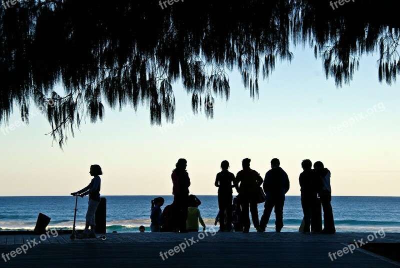 People Silhouettes Coast Sea Ocean