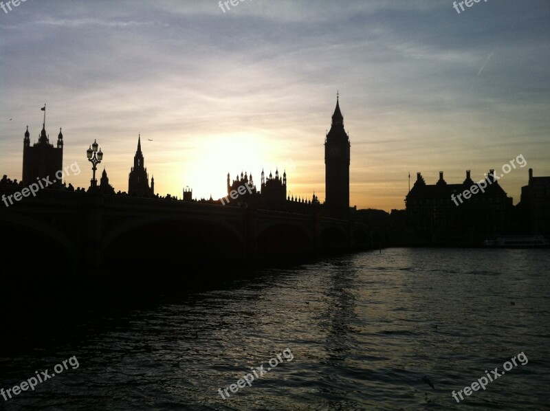 London Big Ben Evening Thames Sun