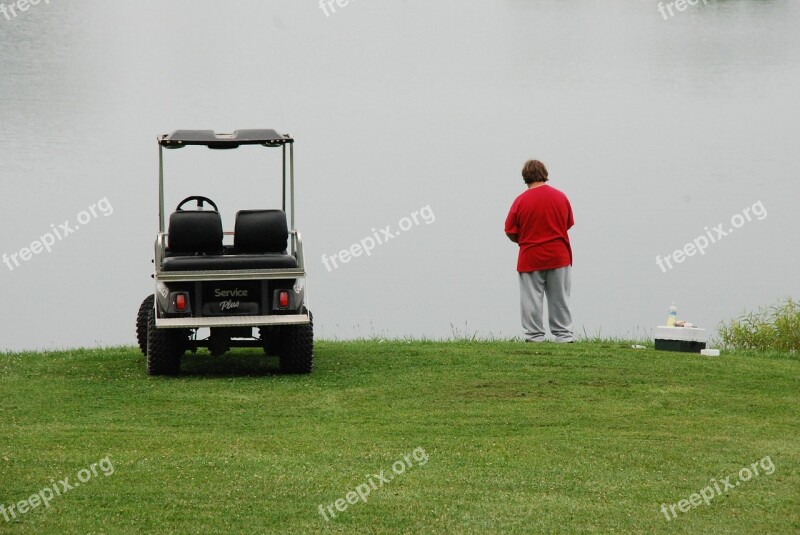 Golf Cart Lawn Summer Lake Countryside