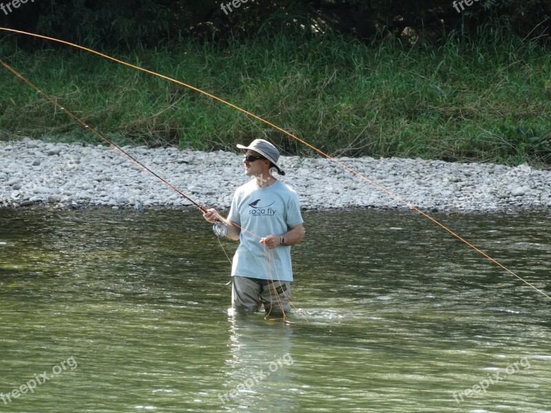 Fisherman Fly Fishing Water River Nature