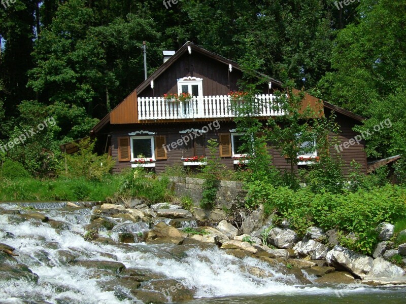 House Waterfall Romantic In The Green Lonely Located