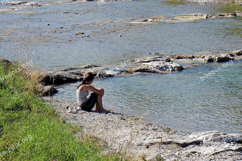 Bank Woman Girl River Human